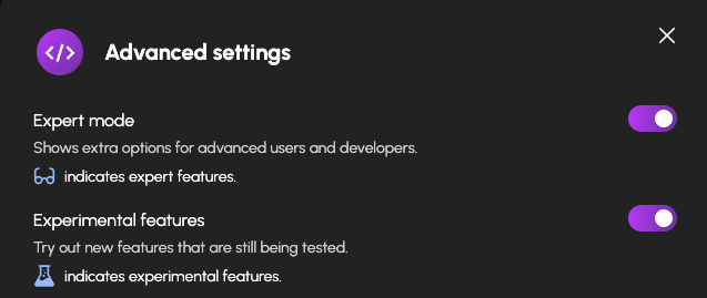 HexOS Settings › Preferences › Advanced Settings with the Expert mode and Experimental features switches turned on