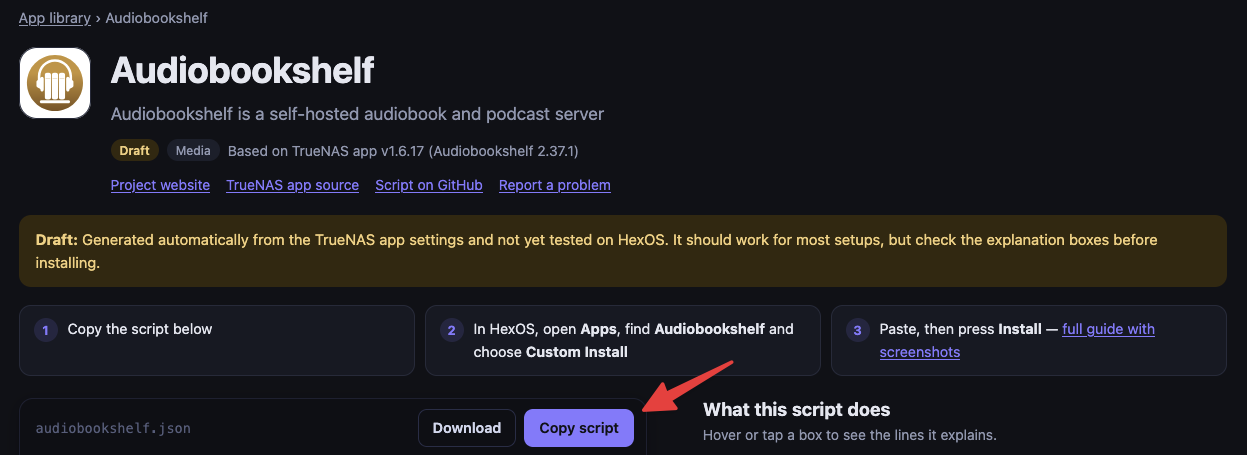 An app page on Hexy Templates with the Copy script button highlighted