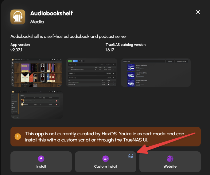 The Audiobookshelf app in HexOS with the Custom Install button highlighted