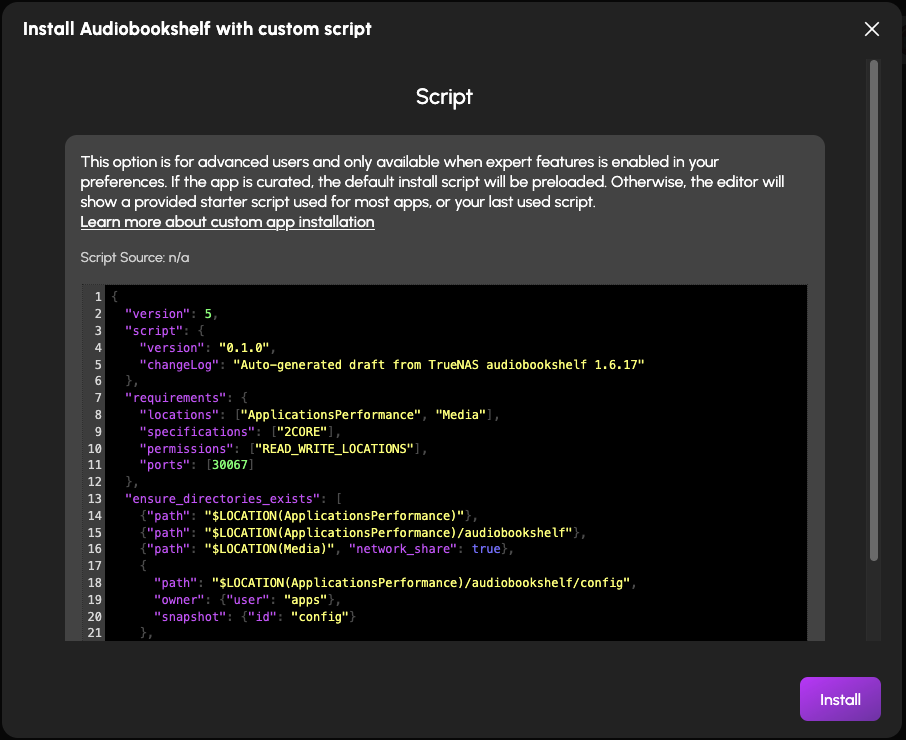 The “Install Audiobookshelf with custom script” window with the script pasted into the editor