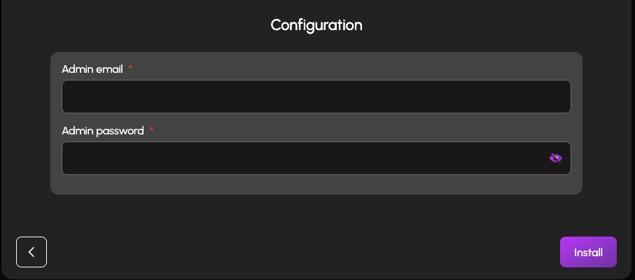 The Configuration page for Directus, asking for an admin email and password