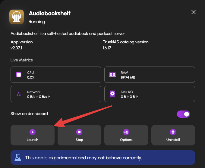 The Audiobookshelf details panel in HexOS showing Running, with the Launch button highlighted